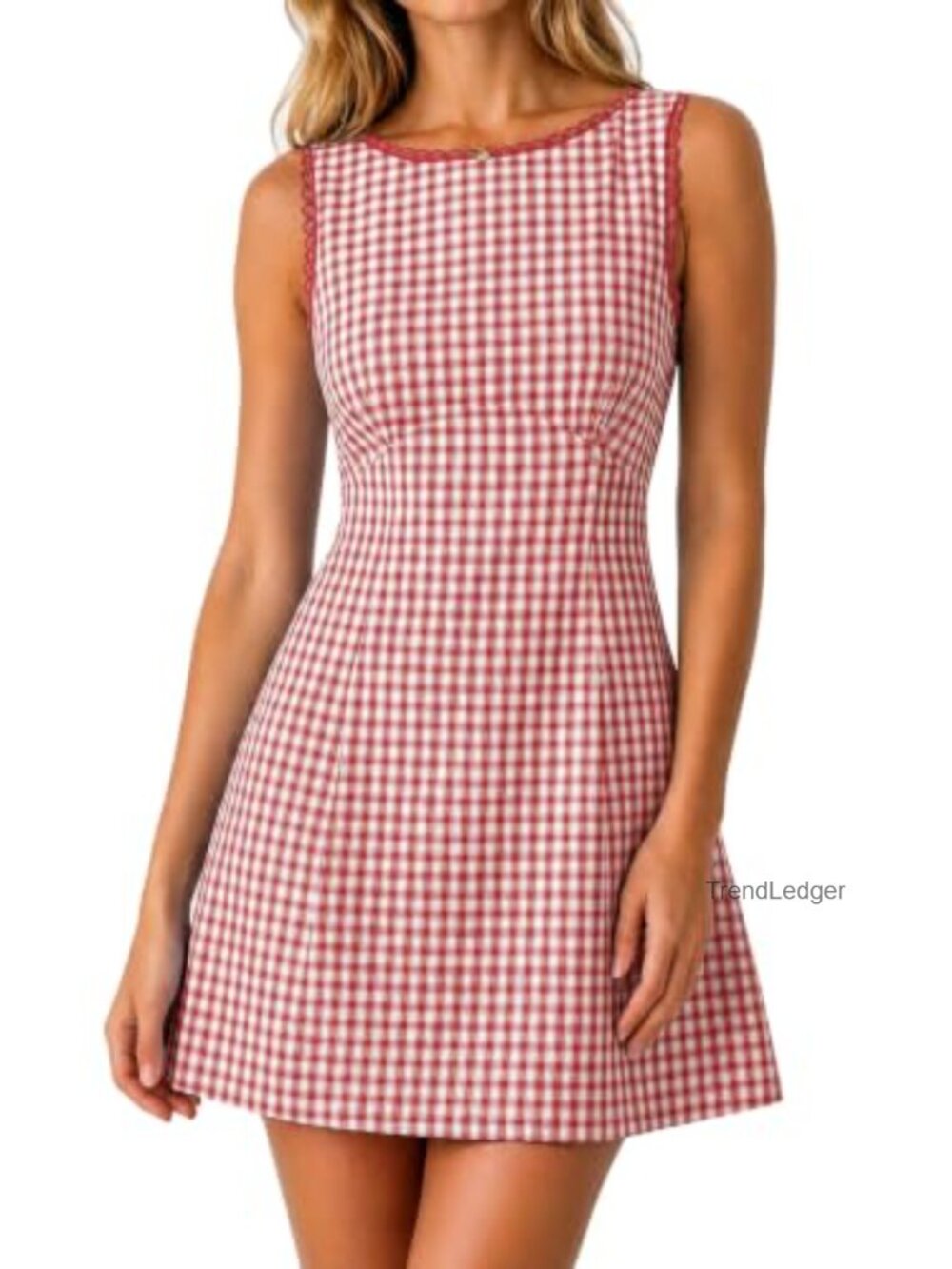 Cotton Gingham Mini Dress A-Line Sleeveless Plaid Scalloped Boat Neck